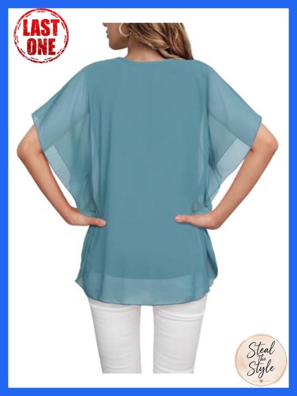 Women's Loose Flouncing Flutter Sleeve Double-Layered Chiffon Blouse Dressy Top - Picture 4 of 6